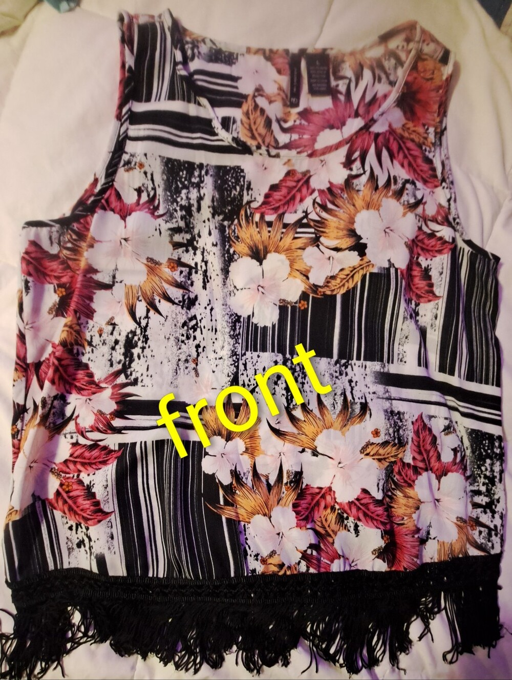 Large New Directions Floral Sleeveless Top With Fringe
